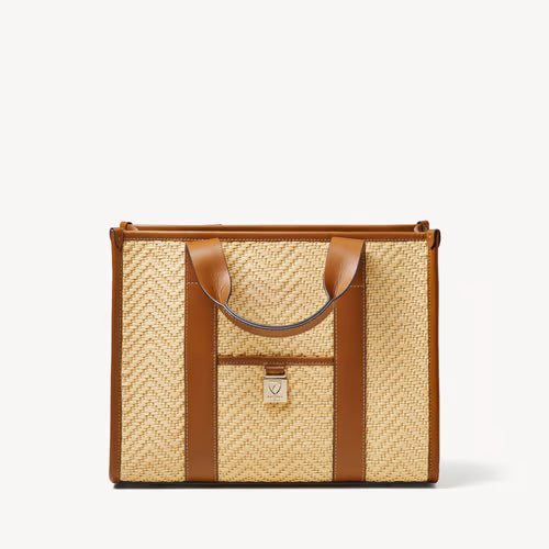 Natural Chevron Raffia & Smooth Bag